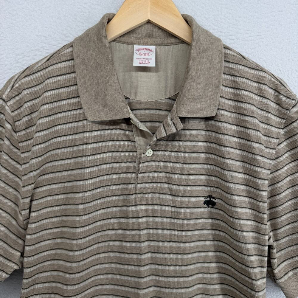 BROOKS BROTHERS Shirt Mens L Performance Polo Rugby Striped Pique Cotton Brown
